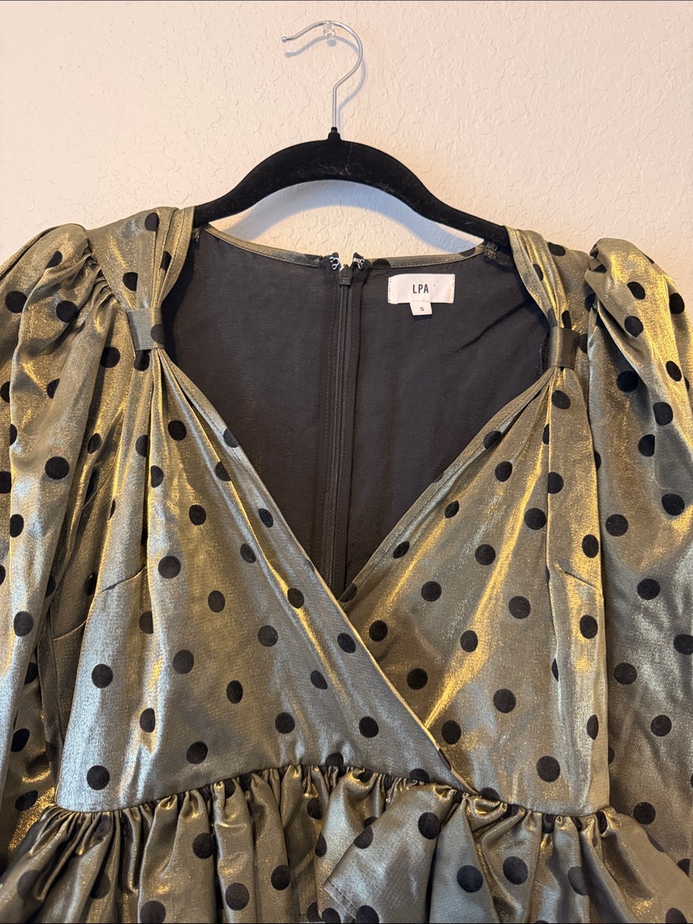 LPA Ailisa Dress in Gold & Black Polka Dot Mini Dress - Picture 4 of 8